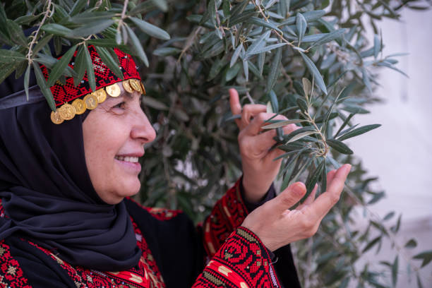 Woman in traditional Palestinian embroidered thobe holding an olive branch, wearing ornate gold coin headpiece against olive tree background
